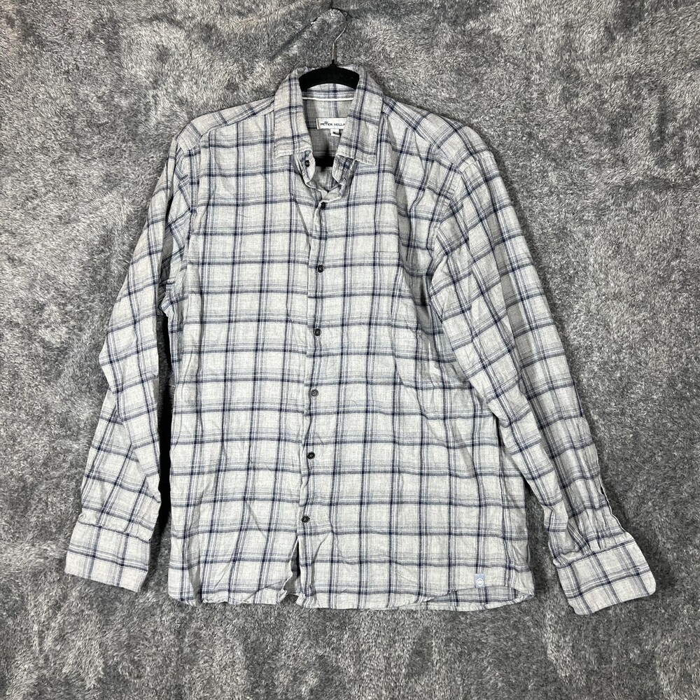 Peter Millar Shirt Mens Medium Gray Plaid Long Sleeve Button Up Cotton Casual